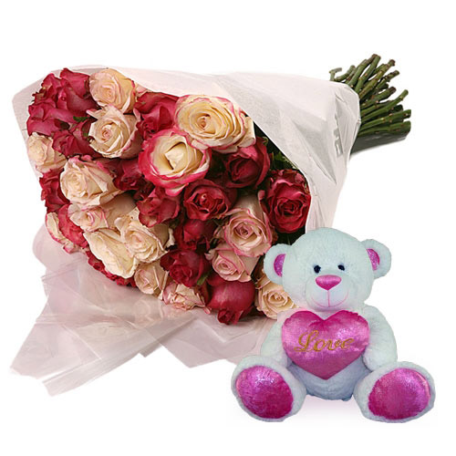 Pink Roses Bunch + Teddy Bear