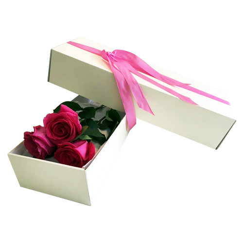 Caixa branca com três rosas rosa 