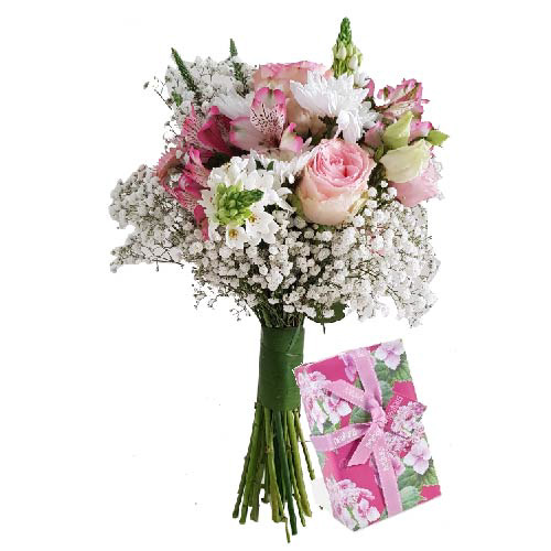 Premium Pink and White Bouquet + Chocolates