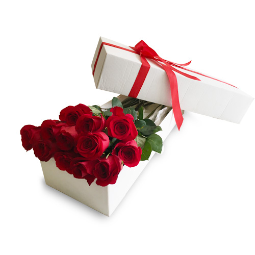White box with red roses