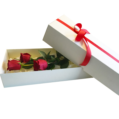 White box with three red roses