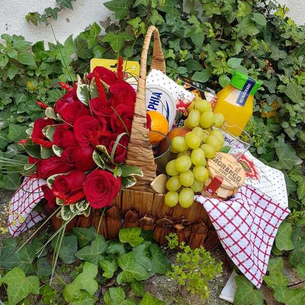 Breakfast Basket with Red Roses