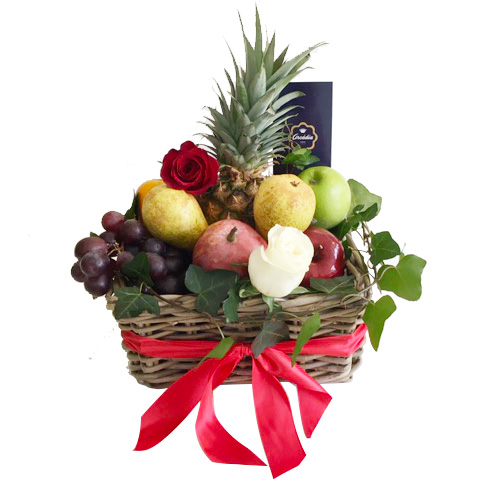 Fruit basket with red ribbon