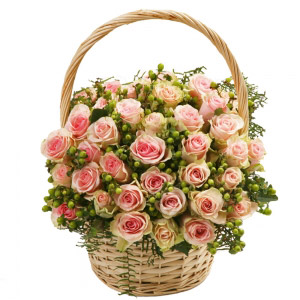 Pink Roses and Green Basket