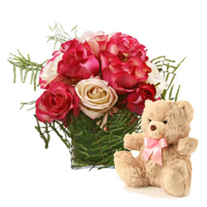 Mix Shades of Pink Roses Cube + Teddy Bear