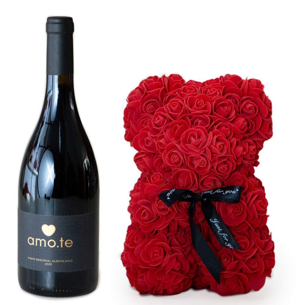 Red Roses Bear + Wine I Love You
