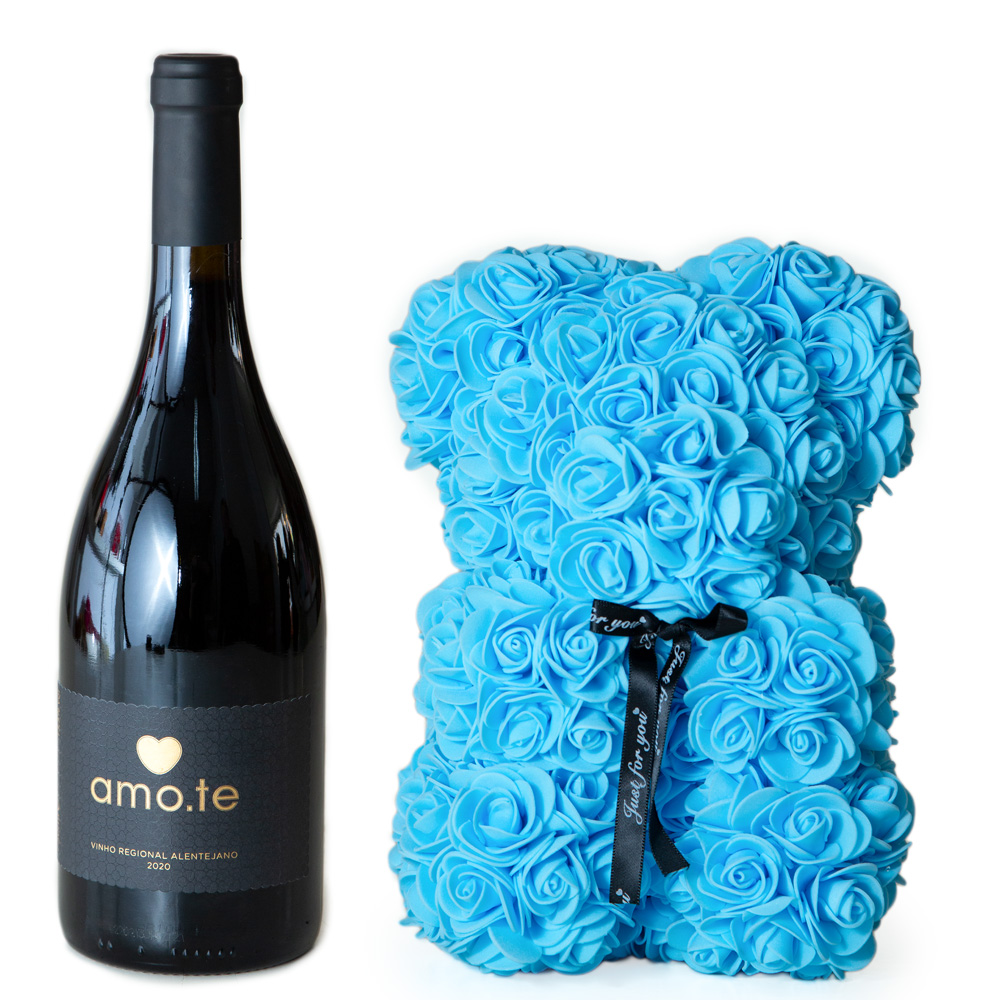 Urso de Rosas Azuis + Vinho Amo-te