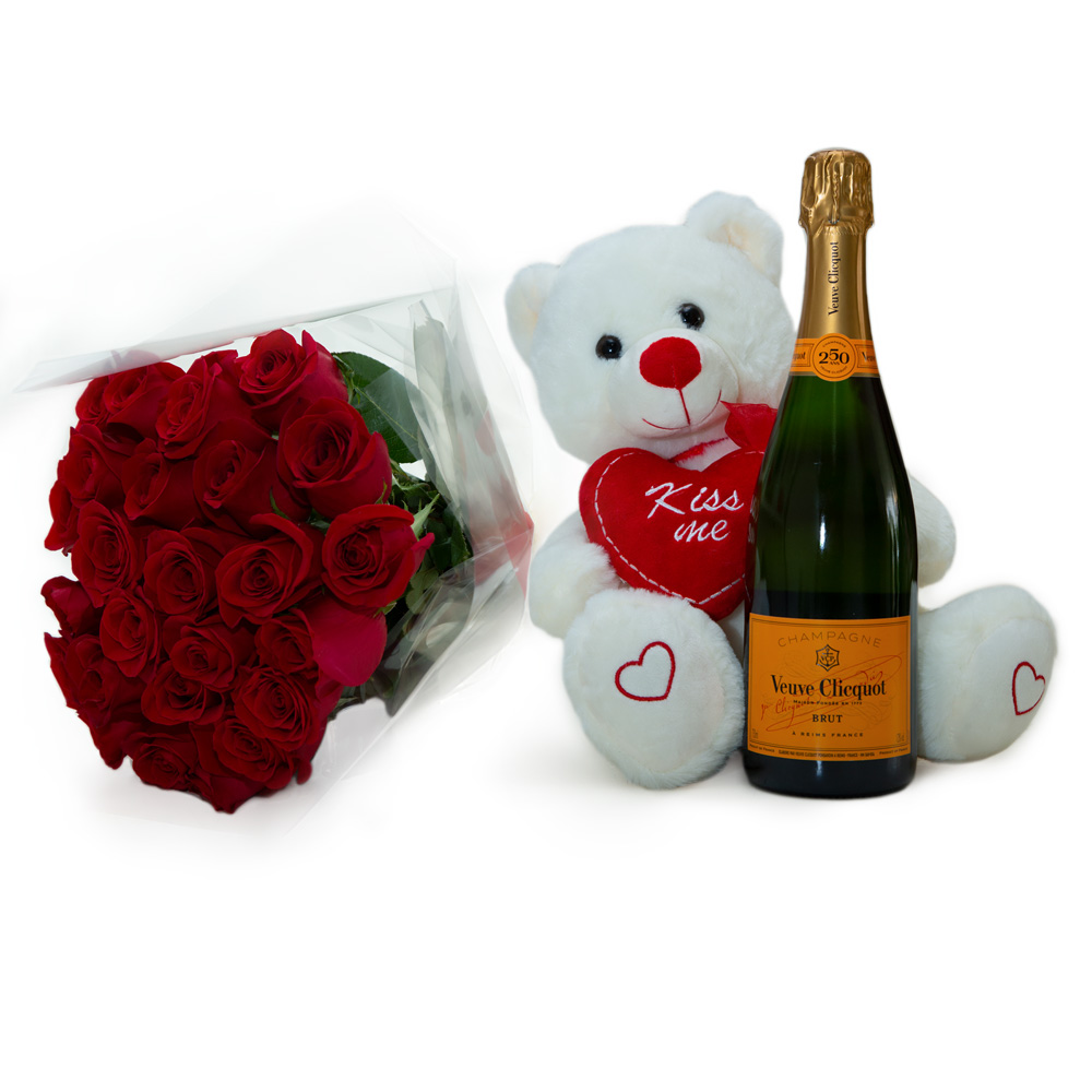 Peluche Kiss me + Champagne + Bouquet de rosas