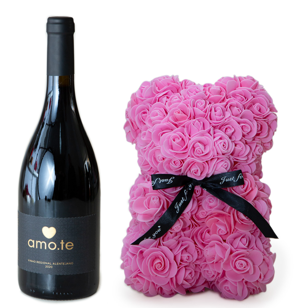 Urso de Rosas Cor-de-Rosa + Vinho Amo-te